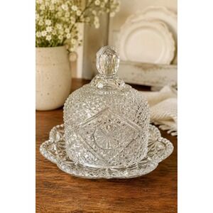 Vintage‎ NOVA Pressed Glass Covered Butter Dish Starburst Pattern Serving Dish